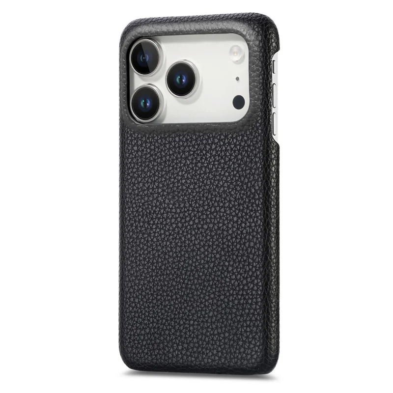 Coque pour iPhone 17 Pro Max, coque arrière en cuir recouvert de PC avec texture de litchi - Noir