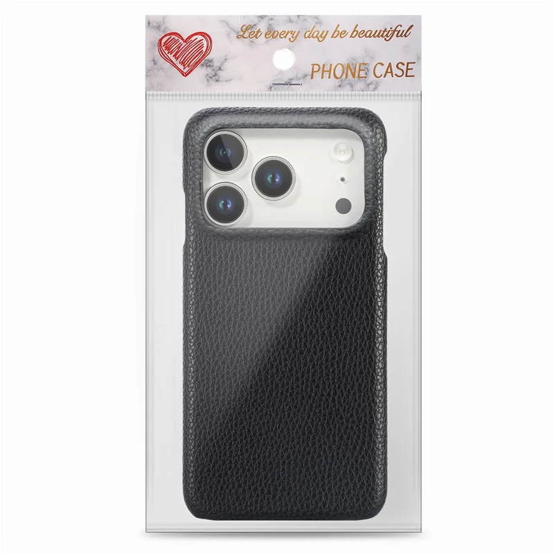 Coque pour iPhone 17 Pro Max, coque arrière en cuir recouvert de PC avec texture de litchi - Noir