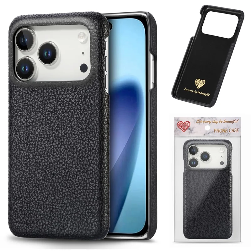 Coque pour iPhone 17 Pro Max, coque arrière en cuir recouvert de PC avec texture de litchi - Noir