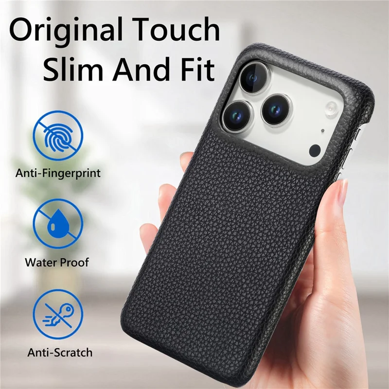 Coque pour iPhone 17 Pro Max, coque arrière en cuir recouvert de PC avec texture de litchi - Noir