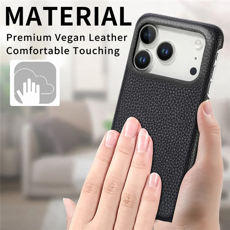 Coque pour iPhone 17 Pro Max, coque arrière en cuir recouvert de PC avec texture de litchi - Noir
