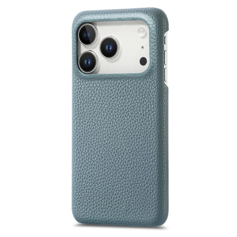 Coque pour iPhone 17 Pro, texture cuir de synthèse aspect litchi, dos en PC - Bleu bébé