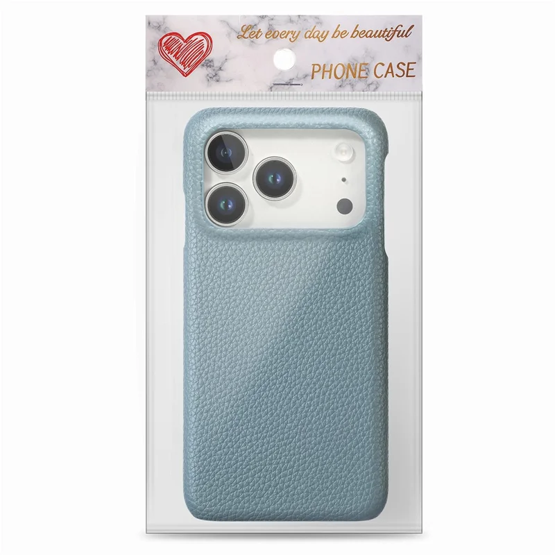Coque pour iPhone 17 Pro, texture cuir de synthèse aspect litchi, dos en PC - Bleu bébé