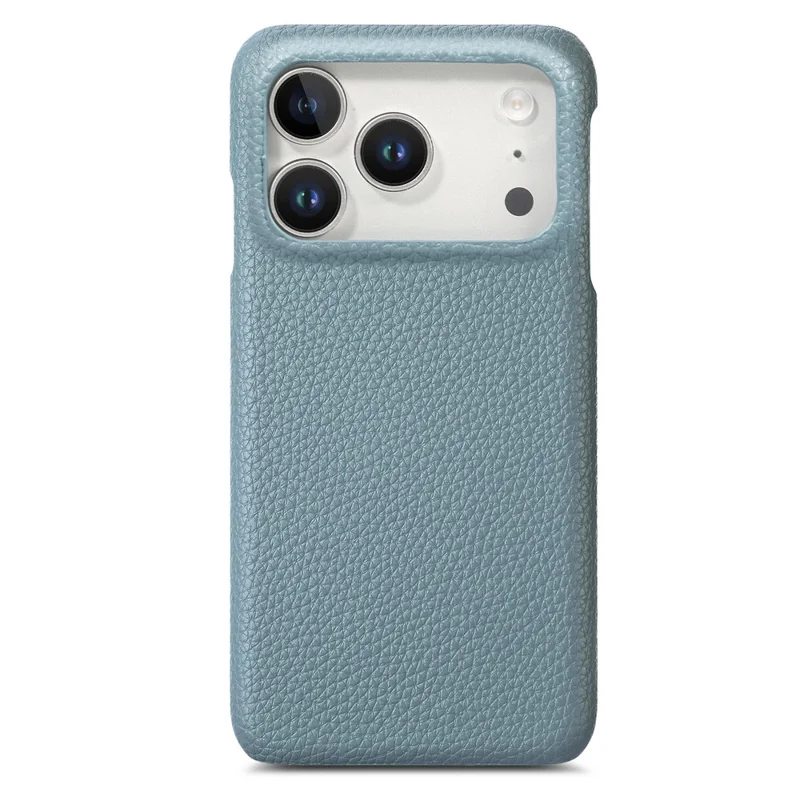 Coque pour iPhone 17 Pro, texture cuir de synthèse aspect litchi, dos en PC - Bleu bébé