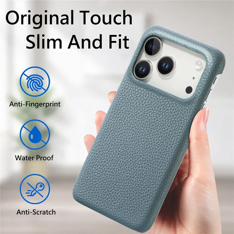 Coque pour iPhone 17 Pro, texture cuir de synthèse aspect litchi, dos en PC - Bleu bébé