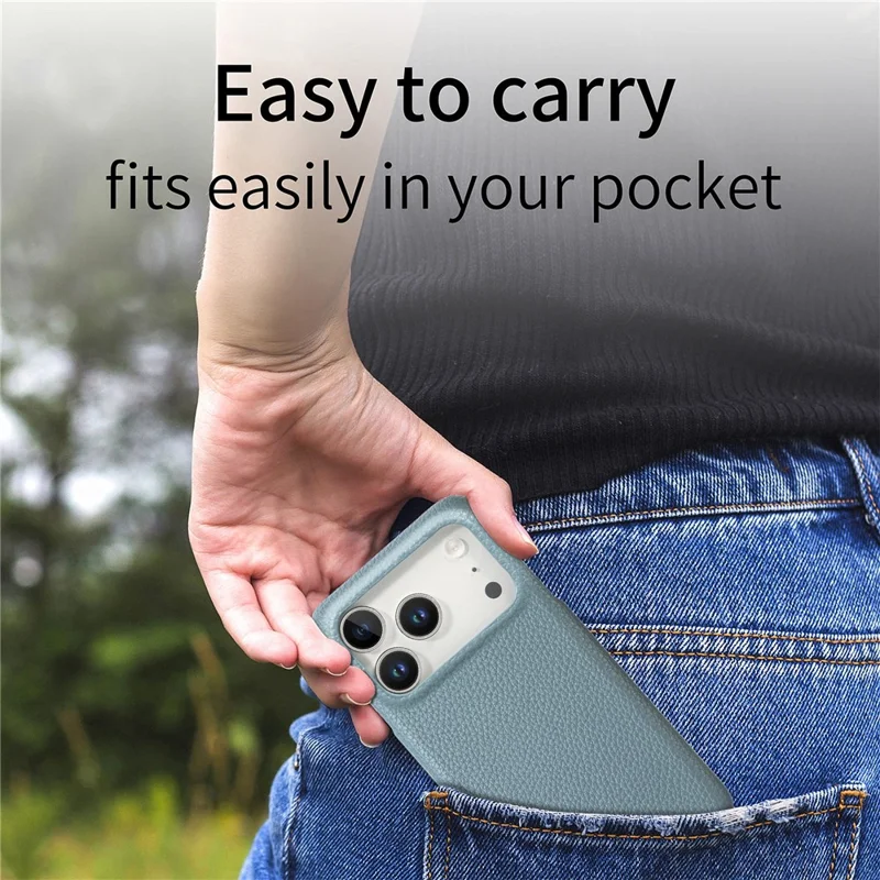 Coque pour iPhone 17 Pro, texture cuir de synthèse aspect litchi, dos en PC - Bleu bébé