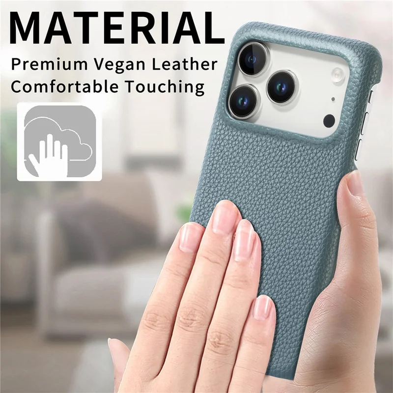 Coque pour iPhone 17 Pro, texture cuir de synthèse aspect litchi, dos en PC - Bleu bébé