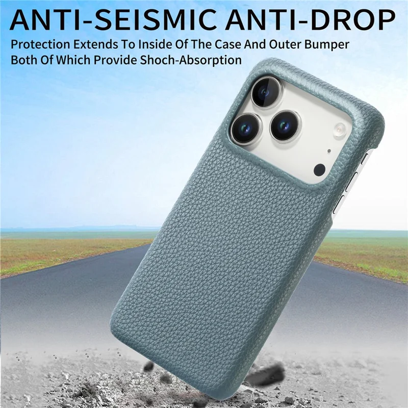 Coque pour iPhone 17 Pro, texture cuir de synthèse aspect litchi, dos en PC - Bleu bébé