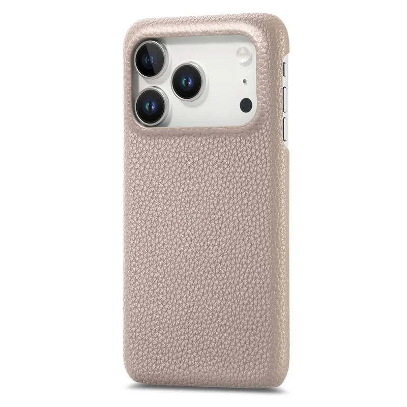 For iPhone 17 Pro Case Litchi Texture Leather Coated PC Mobile Back Cover - Khaki Grey