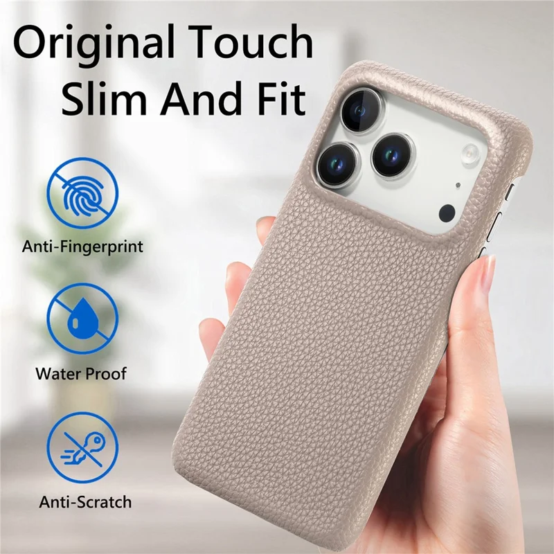 For iPhone 17 Pro Case Litchi Texture Leather Coated PC Mobile Back Cover - Khaki Grey