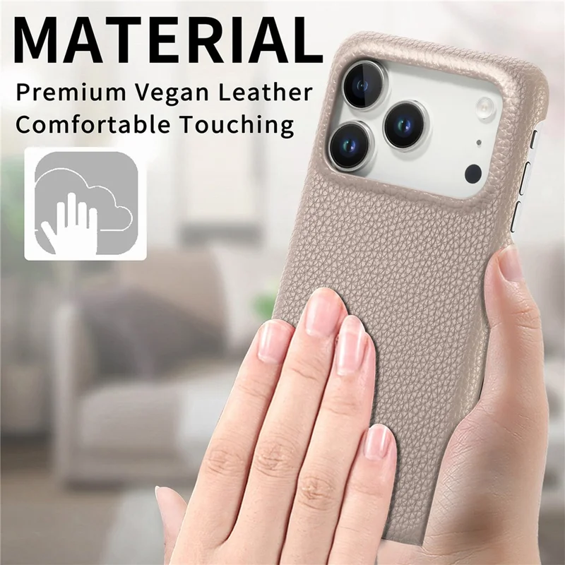 For iPhone 17 Pro Case Litchi Texture Leather Coated PC Mobile Back Cover - Khaki Grey