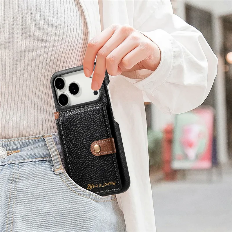 For iPhone 17 Pro Max Case with Zipper Card Holder Kickstand Litchi Grain Leather Back Cover - Black