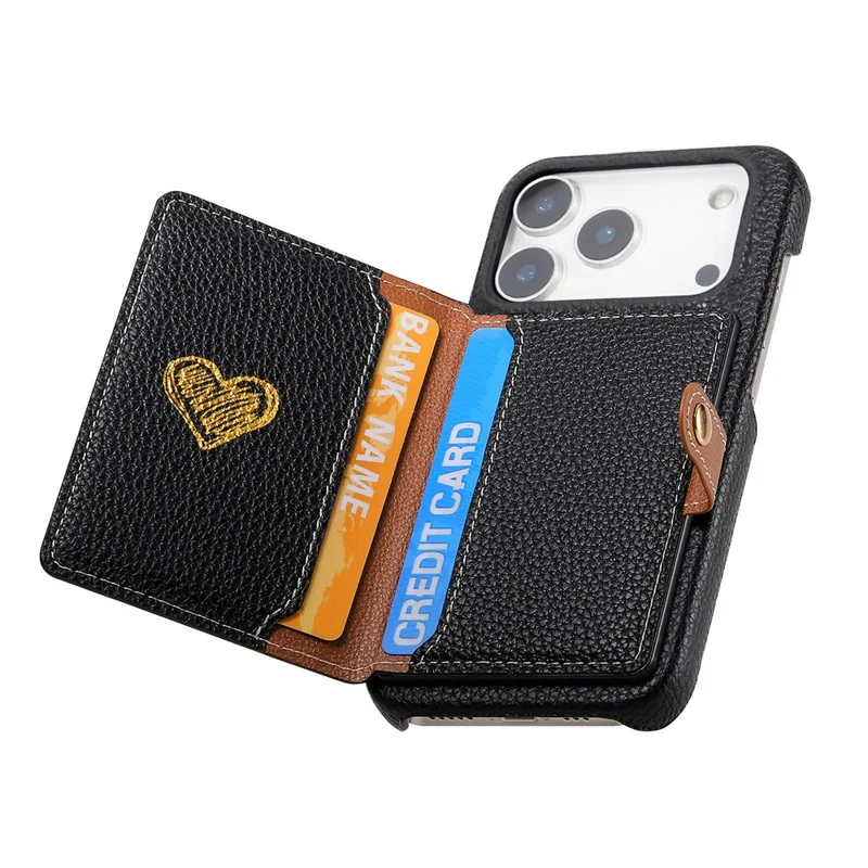For iPhone 17 Pro Max Case with Zipper Card Holder Kickstand Litchi Grain Leather Back Cover - Black