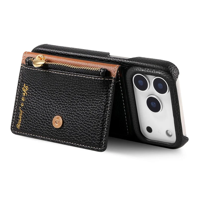 For iPhone 17 Pro Max Case with Zipper Card Holder Kickstand Litchi Grain Leather Back Cover - Black