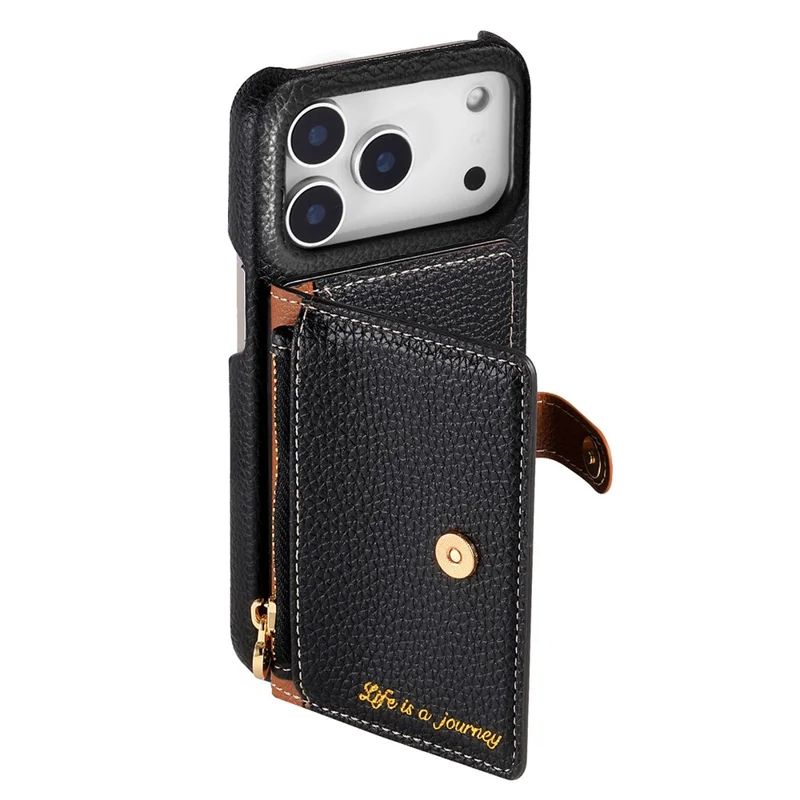 For iPhone 17 Pro Max Case with Zipper Card Holder Kickstand Litchi Grain Leather Back Cover - Black