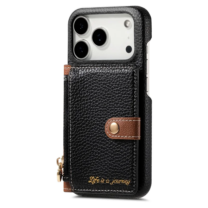 For iPhone 17 Pro Max Case with Zipper Card Holder Kickstand Litchi Grain Leather Back Cover - Black