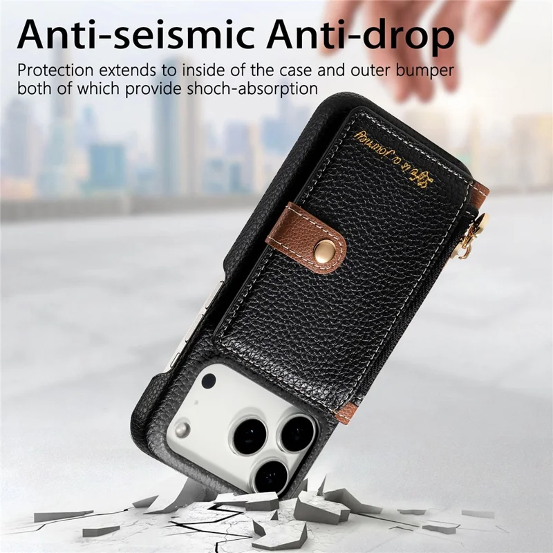 For iPhone 17 Pro Max Case with Zipper Card Holder Kickstand Litchi Grain Leather Back Cover - Black