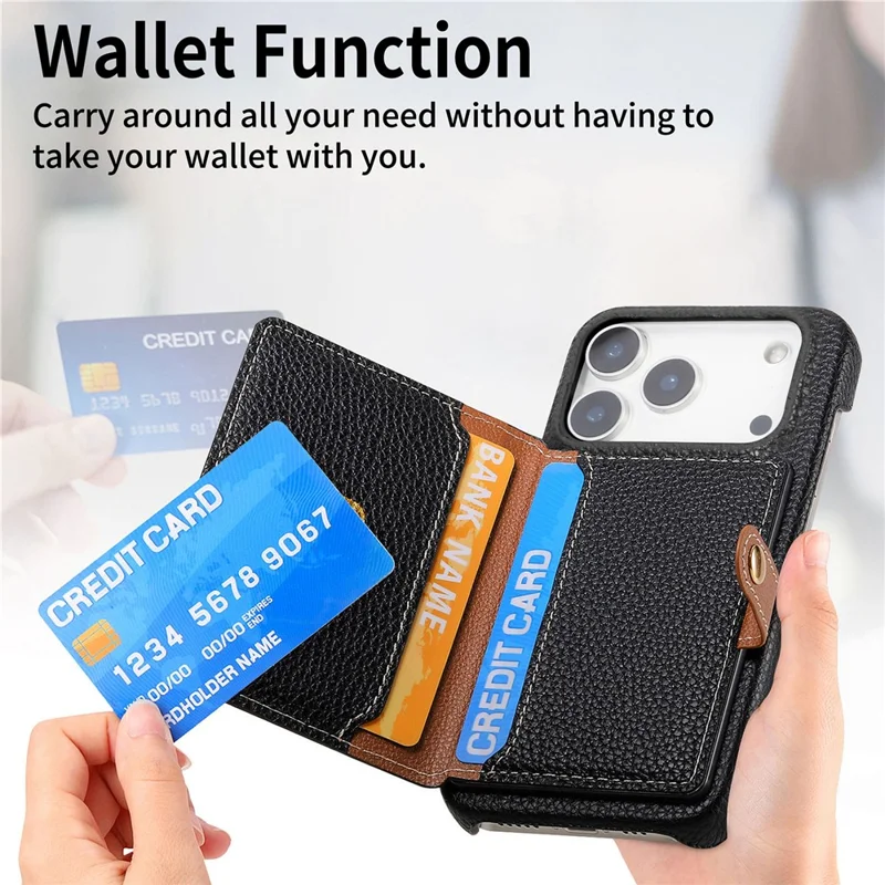 For iPhone 17 Pro Max Case with Zipper Card Holder Kickstand Litchi Grain Leather Back Cover - Black