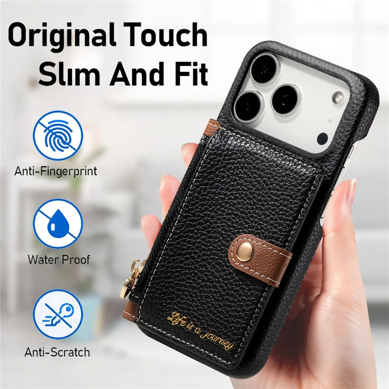 For iPhone 17 Pro Max Case with Zipper Card Holder Kickstand Litchi Grain Leather Back Cover - Black