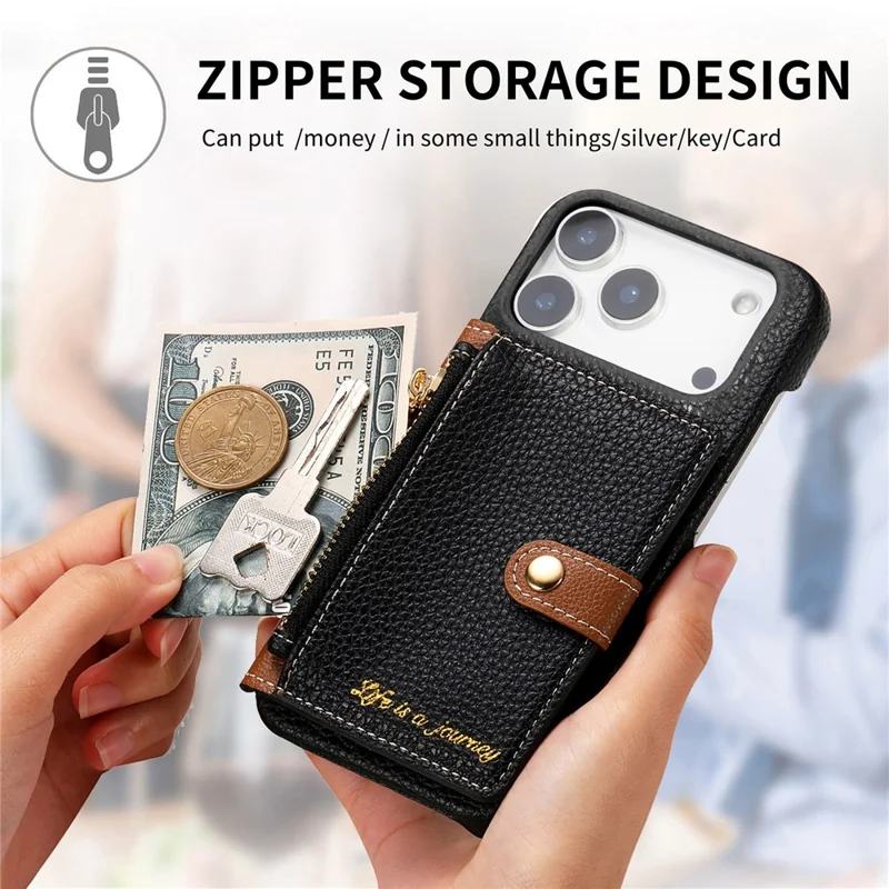 For iPhone 17 Pro Max Case with Zipper Card Holder Kickstand Litchi Grain Leather Back Cover - Black