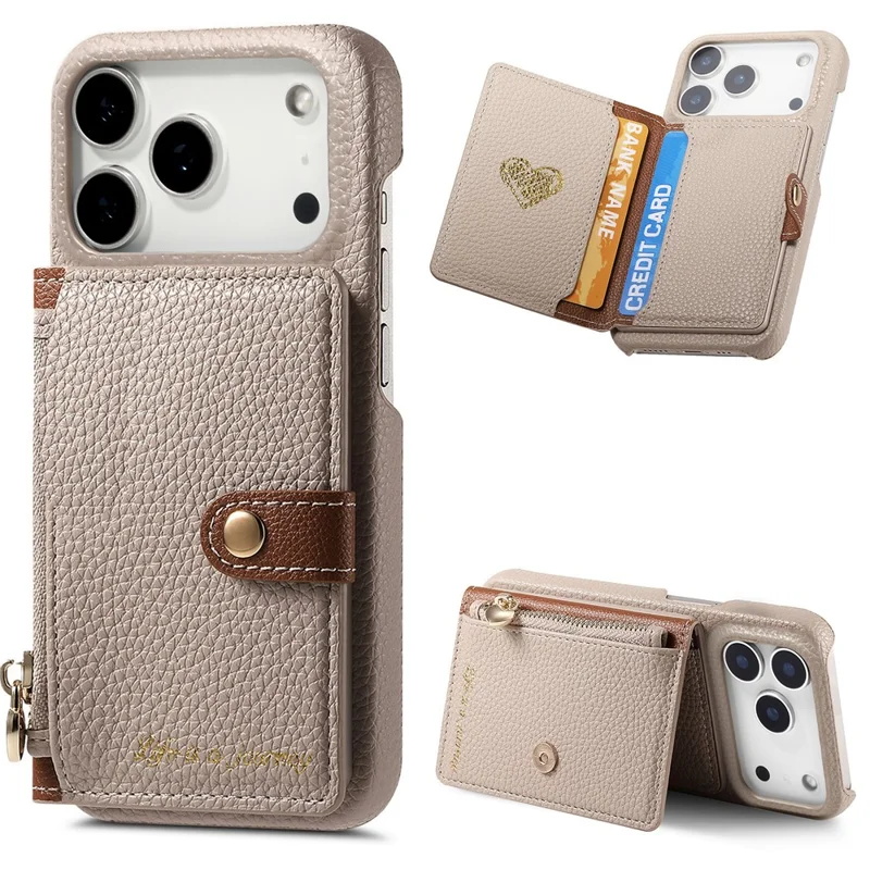 For iPhone 17 Pro Case with Zipper Card Holder Kickstand Litchi Grain Leather Back Cover - Khaki