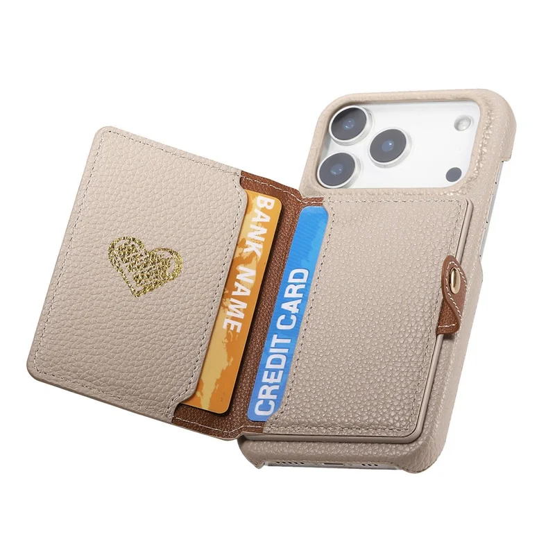 For iPhone 17 Pro Case with Zipper Card Holder Kickstand Litchi Grain Leather Back Cover - Khaki