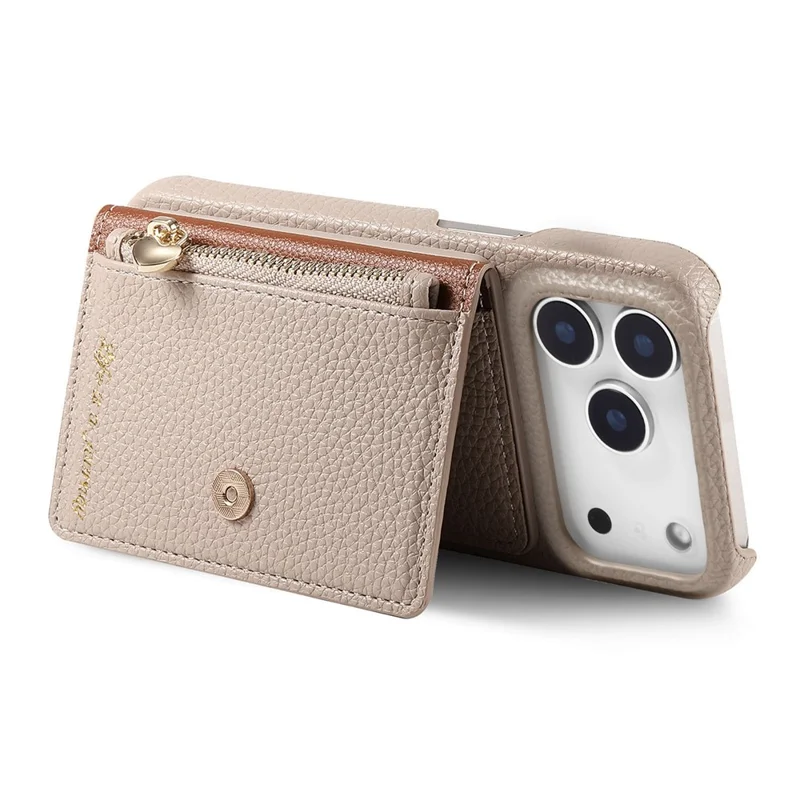 For iPhone 17 Pro Case with Zipper Card Holder Kickstand Litchi Grain Leather Back Cover - Khaki