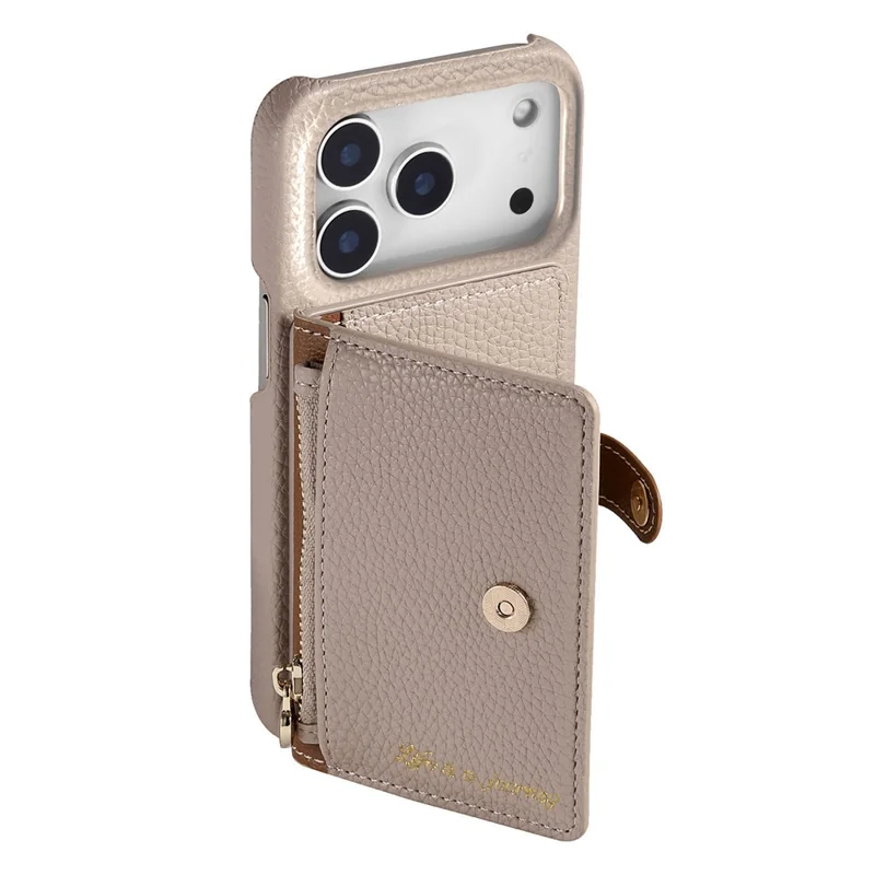 For iPhone 17 Pro Case with Zipper Card Holder Kickstand Litchi Grain Leather Back Cover - Khaki