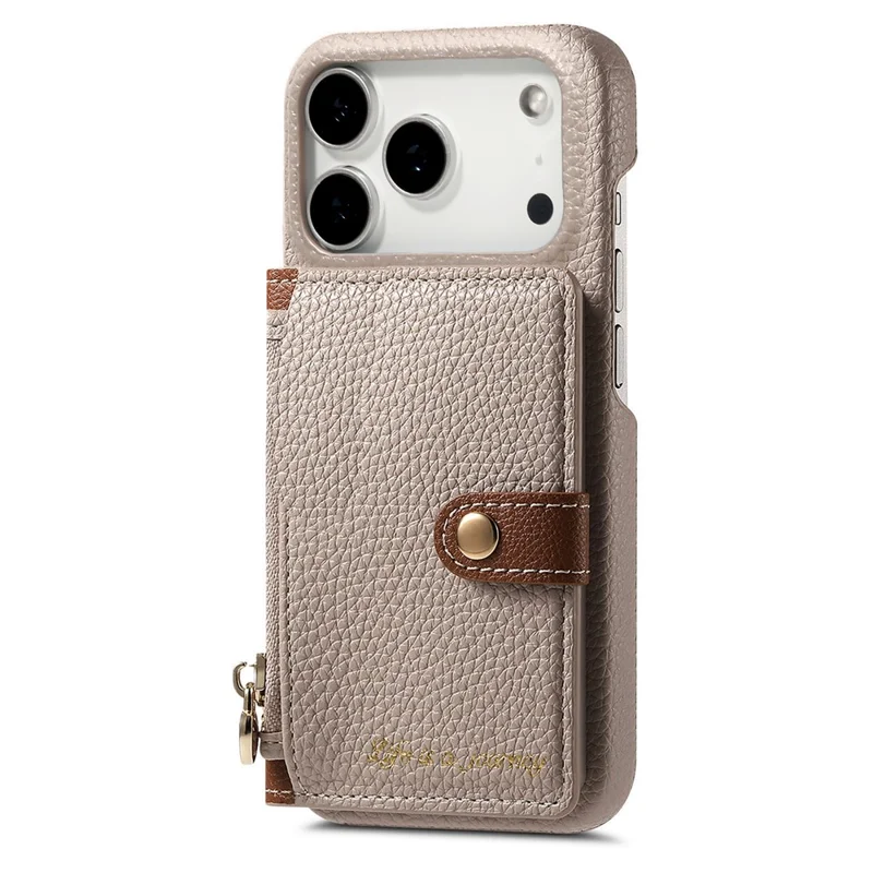 For iPhone 17 Pro Case with Zipper Card Holder Kickstand Litchi Grain Leather Back Cover - Khaki