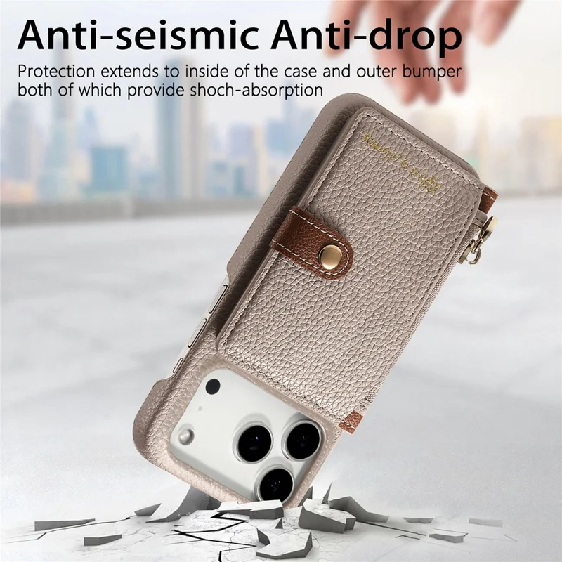 For iPhone 17 Pro Case with Zipper Card Holder Kickstand Litchi Grain Leather Back Cover - Khaki