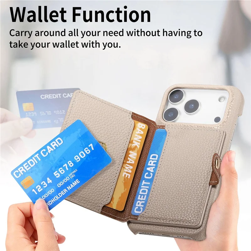 For iPhone 17 Pro Case with Zipper Card Holder Kickstand Litchi Grain Leather Back Cover - Khaki