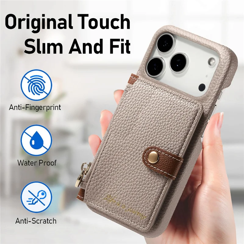 For iPhone 17 Pro Case with Zipper Card Holder Kickstand Litchi Grain Leather Back Cover - Khaki