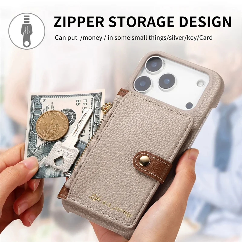 For iPhone 17 Pro Case with Zipper Card Holder Kickstand Litchi Grain Leather Back Cover - Khaki