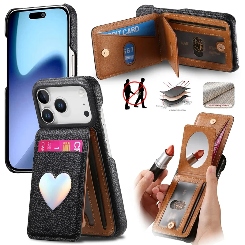 For iPhone 17 Pro Max Case with Mirror Card Holder RFID Blocking Litchi Texture PU PC Phone Back Cover - Black