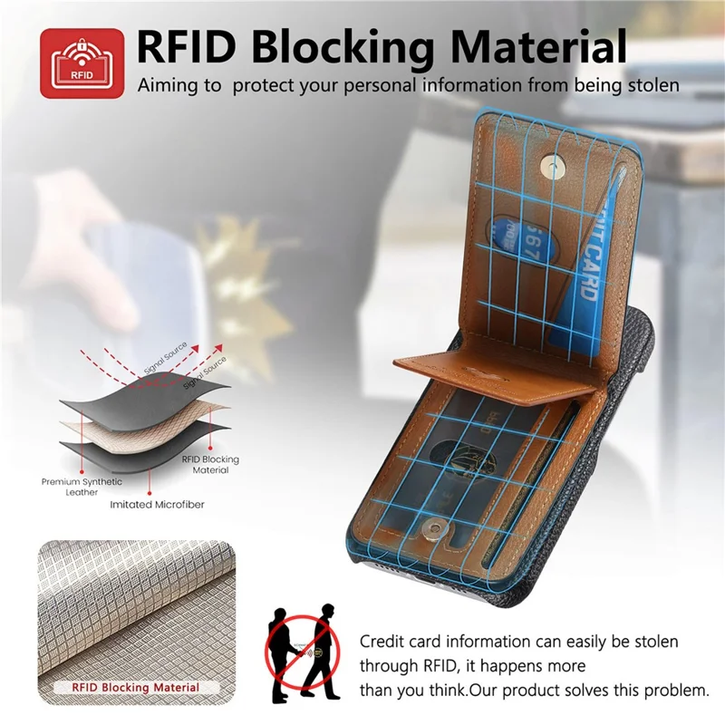 For iPhone 17 Pro Max Case with Mirror Card Holder RFID Blocking Litchi Texture PU PC Phone Back Cover - Black
