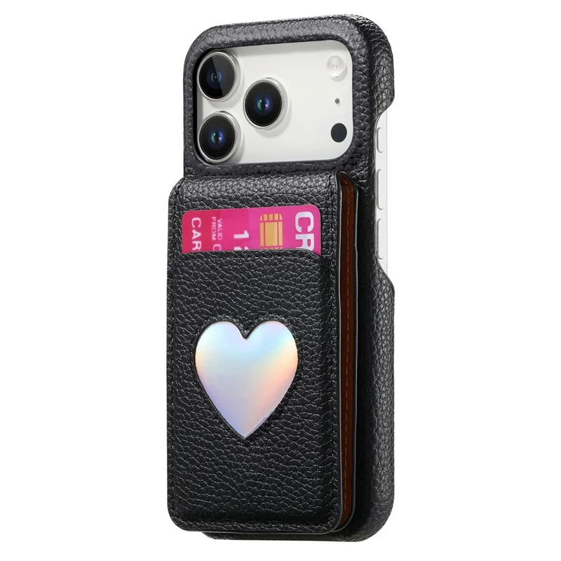 For iPhone 17 Pro Max Case with Mirror Card Holder RFID Blocking Litchi Texture PU PC Phone Back Cover - Black