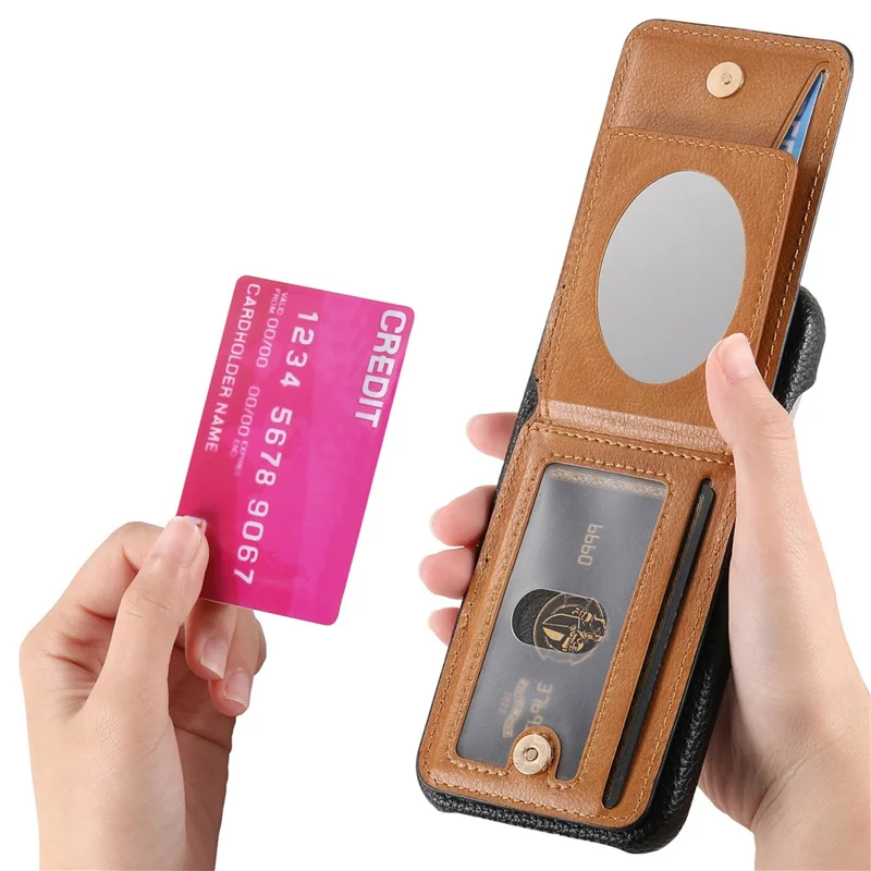 For iPhone 17 Pro Max Case with Mirror Card Holder RFID Blocking Litchi Texture PU PC Phone Back Cover - Black