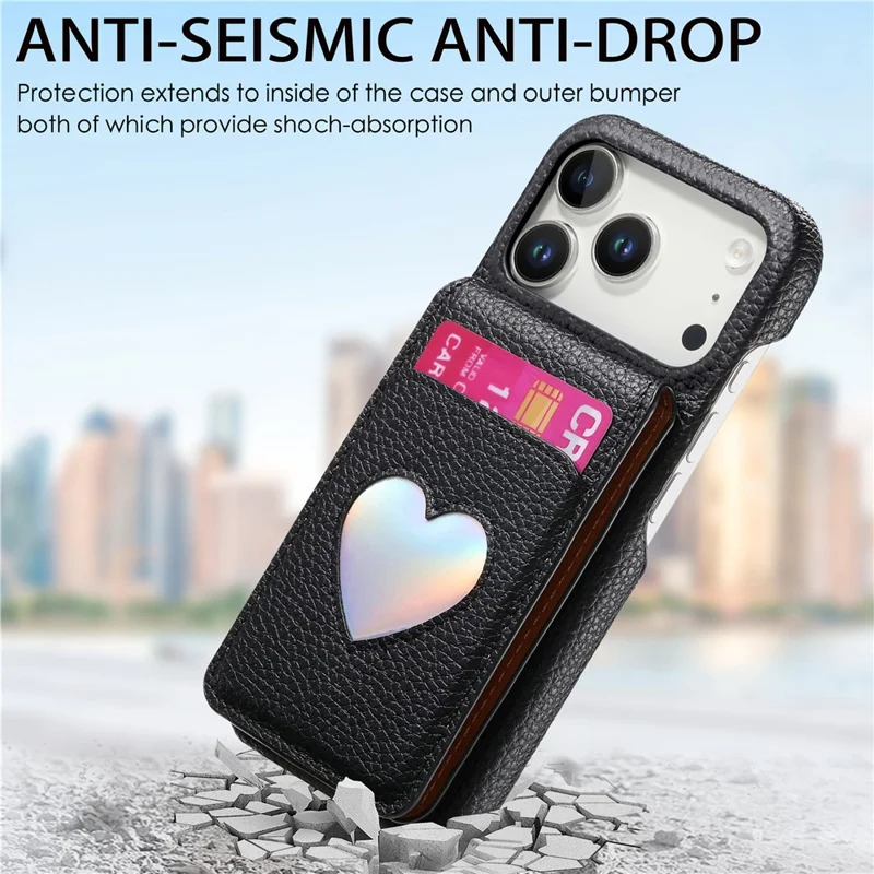 For iPhone 17 Pro Max Case with Mirror Card Holder RFID Blocking Litchi Texture PU PC Phone Back Cover - Black