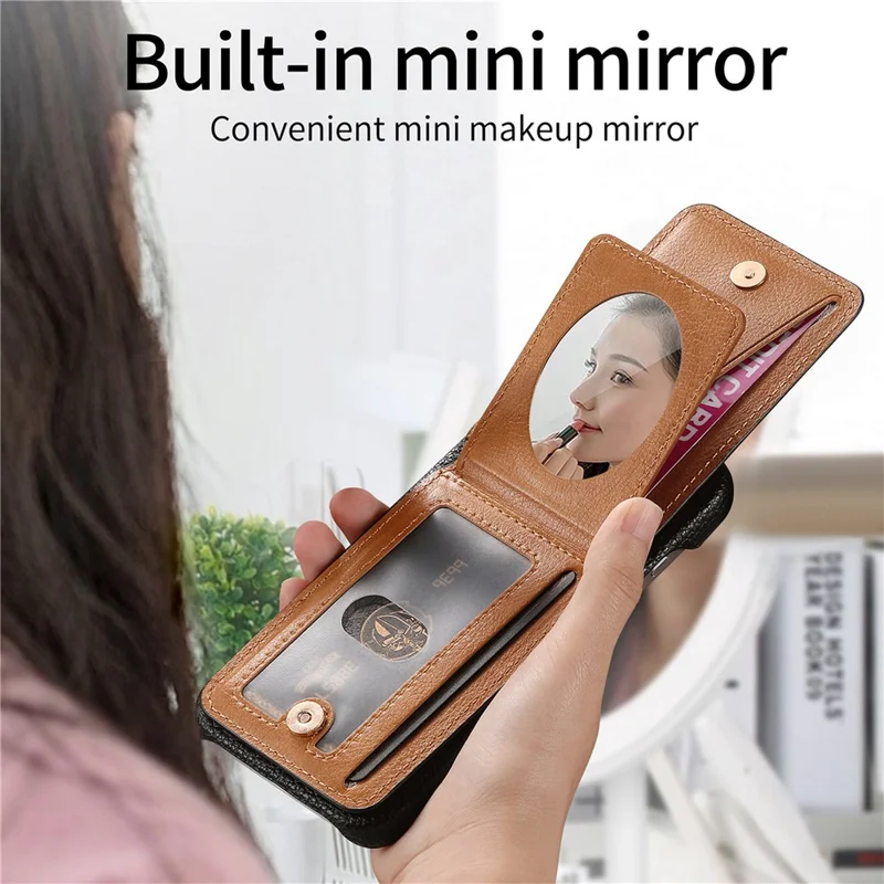 For iPhone 17 Pro Max Case with Mirror Card Holder RFID Blocking Litchi Texture PU PC Phone Back Cover - Black