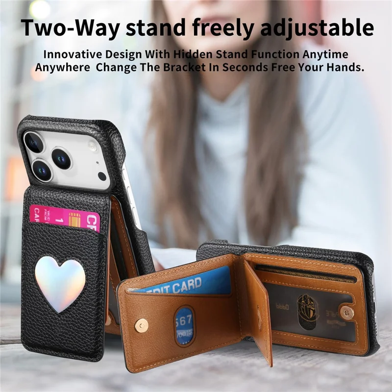 For iPhone 17 Pro Max Case with Mirror Card Holder RFID Blocking Litchi Texture PU PC Phone Back Cover - Black