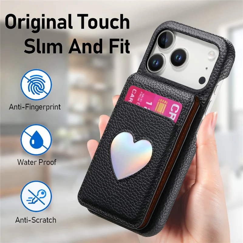 For iPhone 17 Pro Max Case with Mirror Card Holder RFID Blocking Litchi Texture PU PC Phone Back Cover - Black