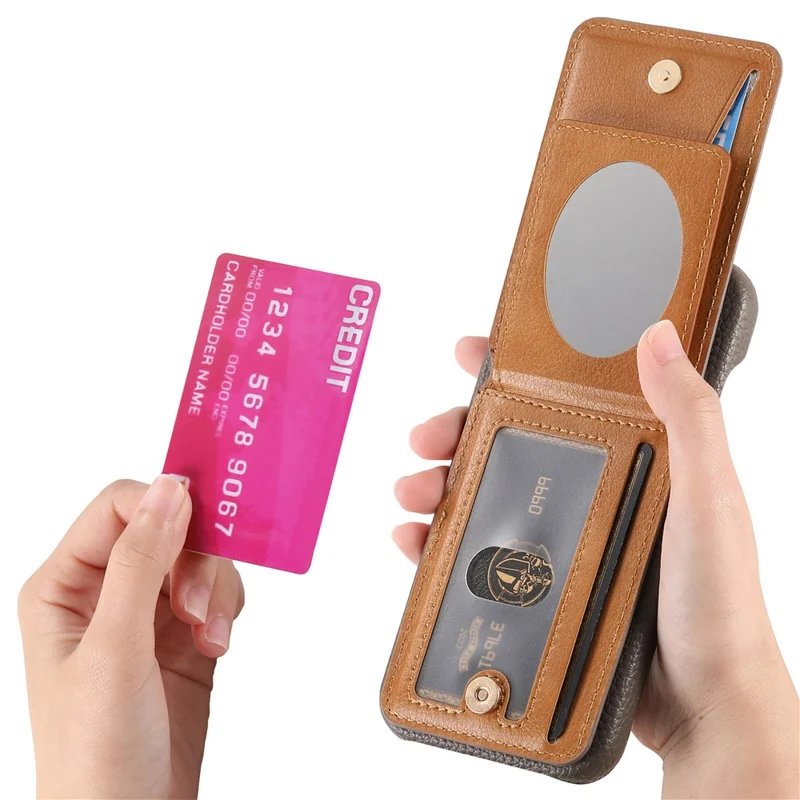 Für iPhone 17 Pro Hülle mit Spiegel, Kartenhalter, RFID-Schutz, Leder-Optik, PU-PC-Rückseite – Grau