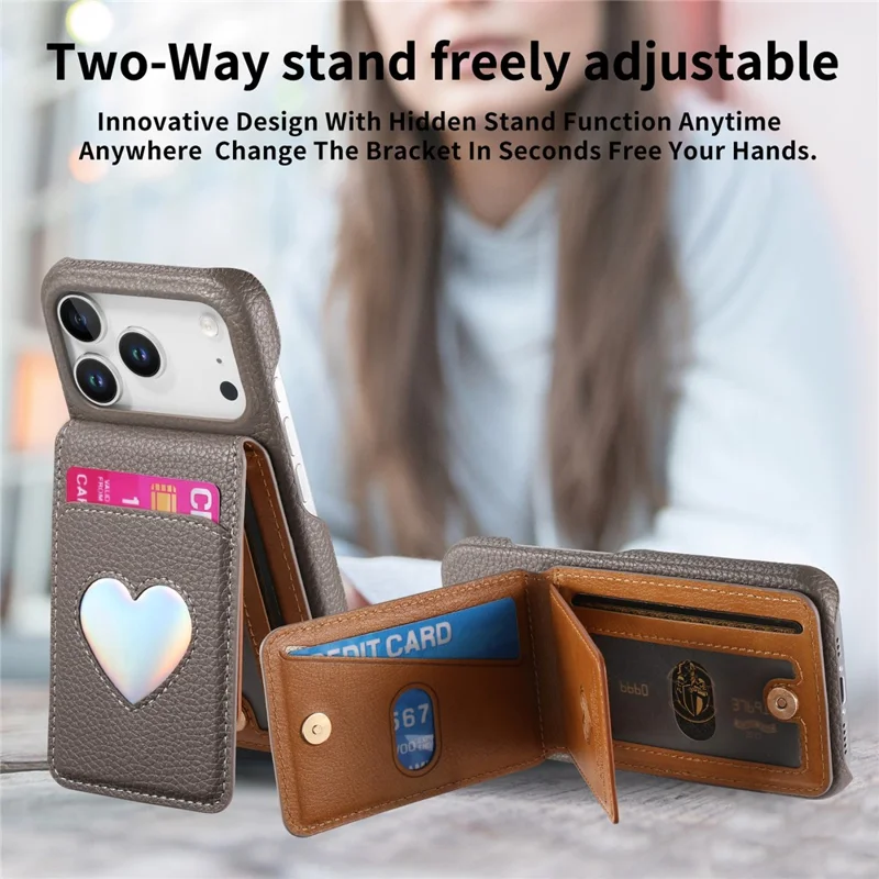 Für iPhone 17 Pro Hülle mit Spiegel, Kartenhalter, RFID-Schutz, Leder-Optik, PU-PC-Rückseite – Grau