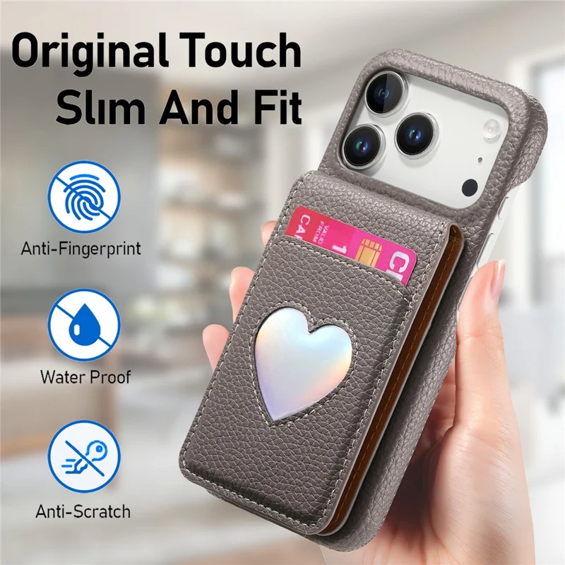 Für iPhone 17 Pro Hülle mit Spiegel, Kartenhalter, RFID-Schutz, Leder-Optik, PU-PC-Rückseite – Grau