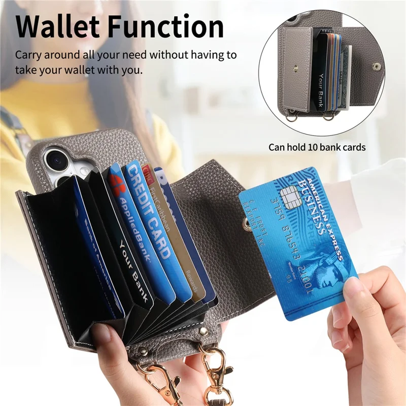 For iPhone 17 Pro Max Case Card Holder Kickstand PU Leather + PC Phone Cover with Mirror and Crossbody Lanyard - Grey