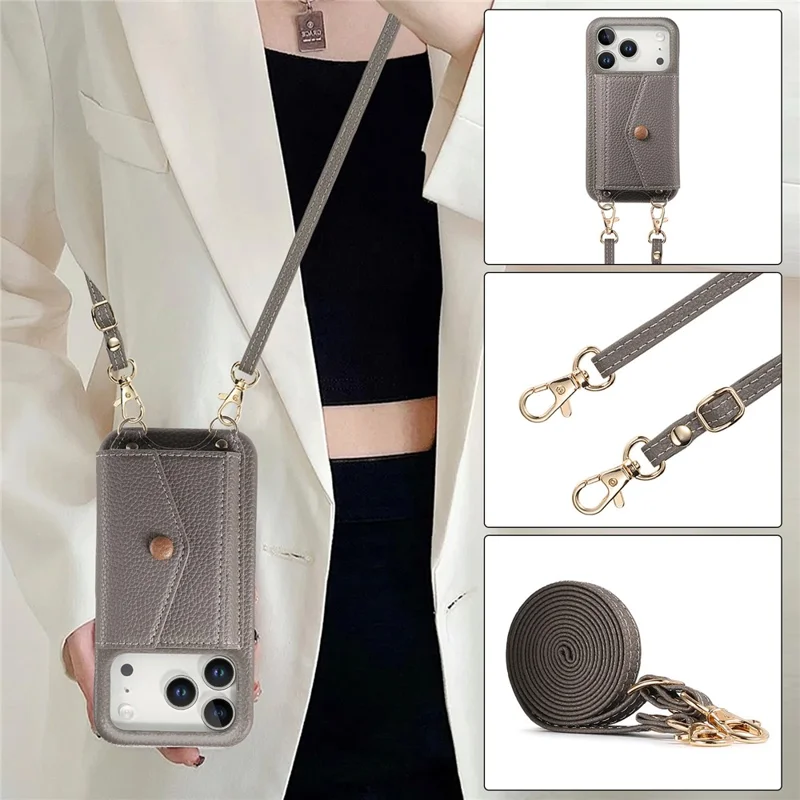 For iPhone 17 Pro Max Case Card Holder Kickstand PU Leather + PC Phone Cover with Mirror and Crossbody Lanyard - Grey