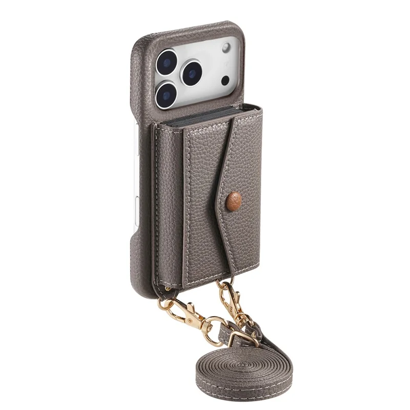 For iPhone 17 Pro Max Case Card Holder Kickstand PU Leather + PC Phone Cover with Mirror and Crossbody Lanyard - Grey