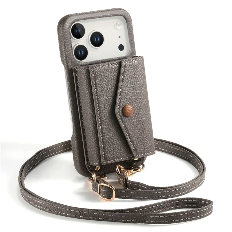 For iPhone 17 Pro Max Case Card Holder Kickstand PU Leather + PC Phone Cover with Mirror and Crossbody Lanyard - Grey