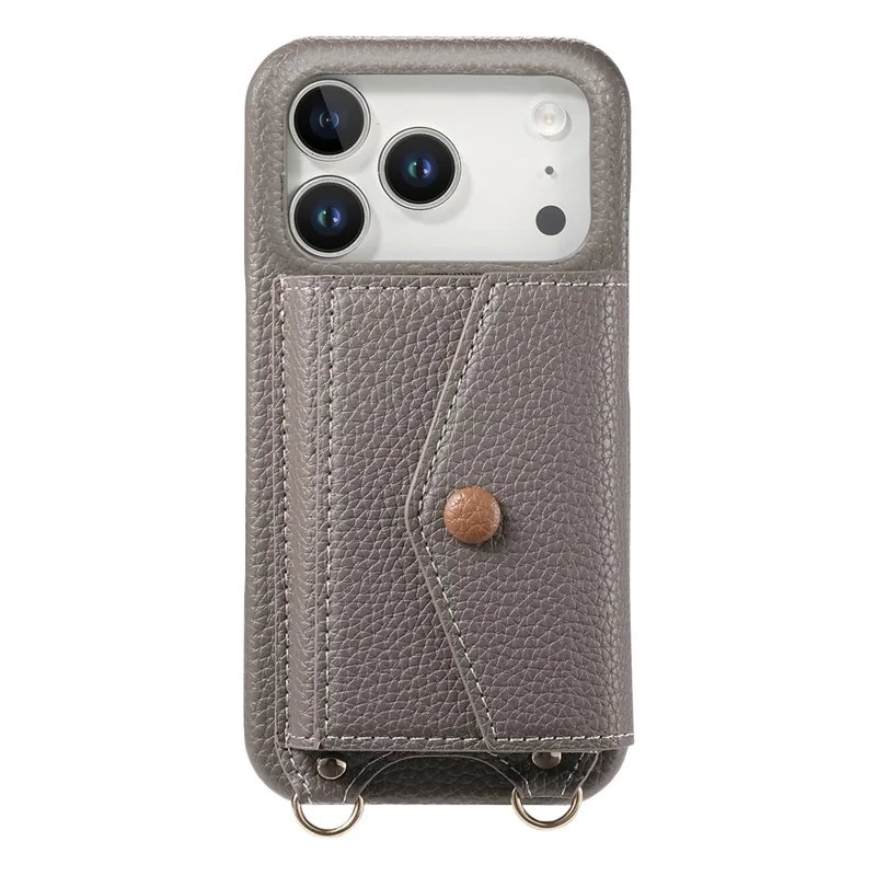 For iPhone 17 Pro Max Case Card Holder Kickstand PU Leather + PC Phone Cover with Mirror and Crossbody Lanyard - Grey