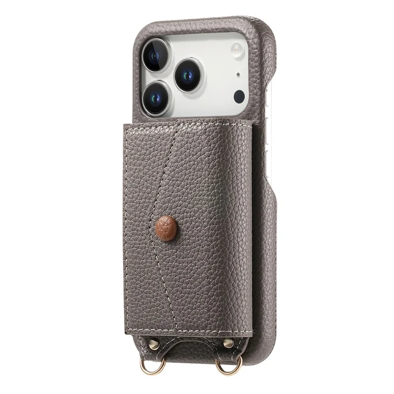For iPhone 17 Pro Max Case Card Holder Kickstand PU Leather + PC Phone Cover with Mirror and Crossbody Lanyard - Grey